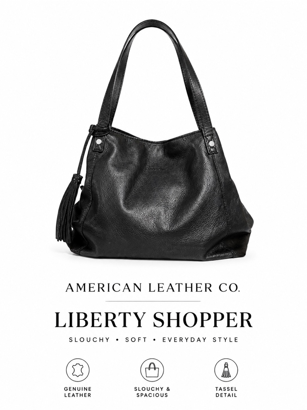 American Leather Co Black Leather Bag Liberty Shopper slouchy and soft Shopper